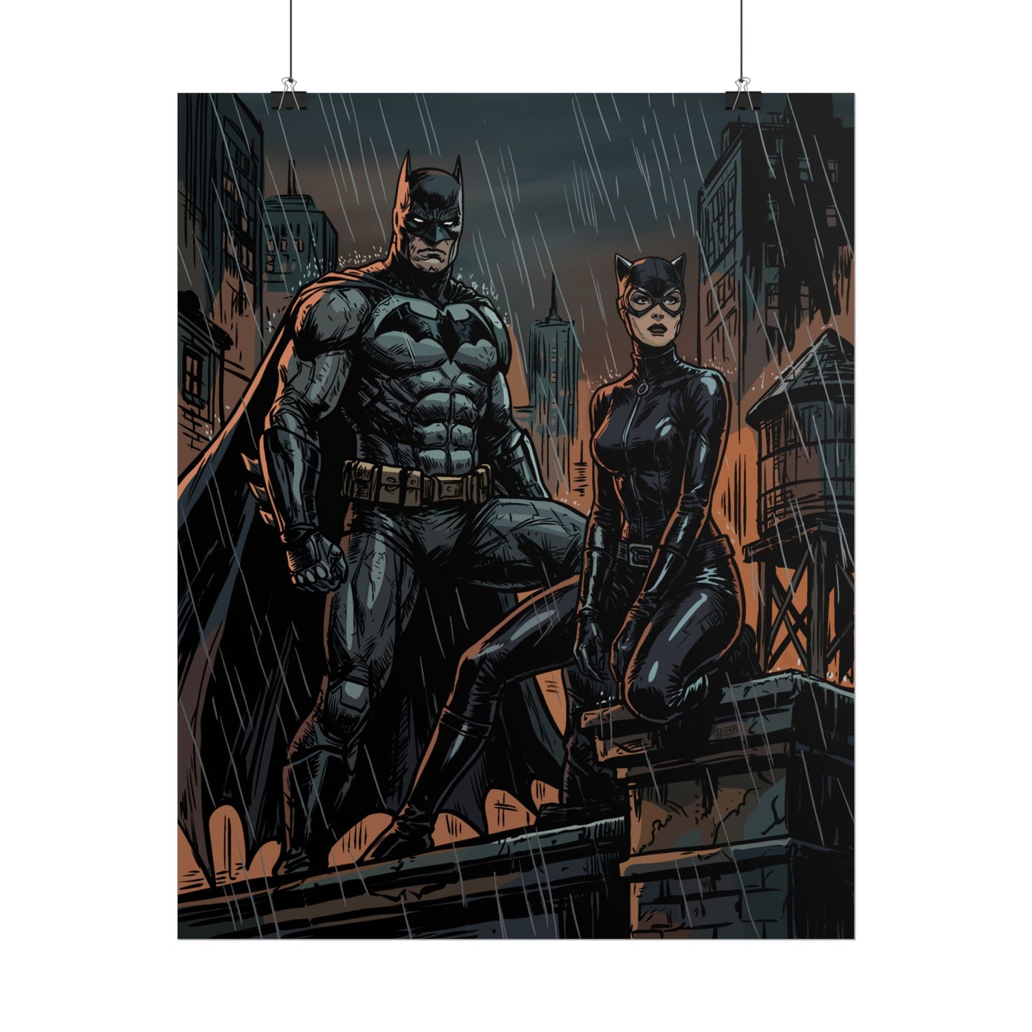 Batman & Catwoman Rainy Rooftop Rolled Poster