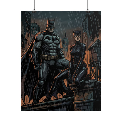 Batman & Catwoman Rainy Rooftop Rolled Poster