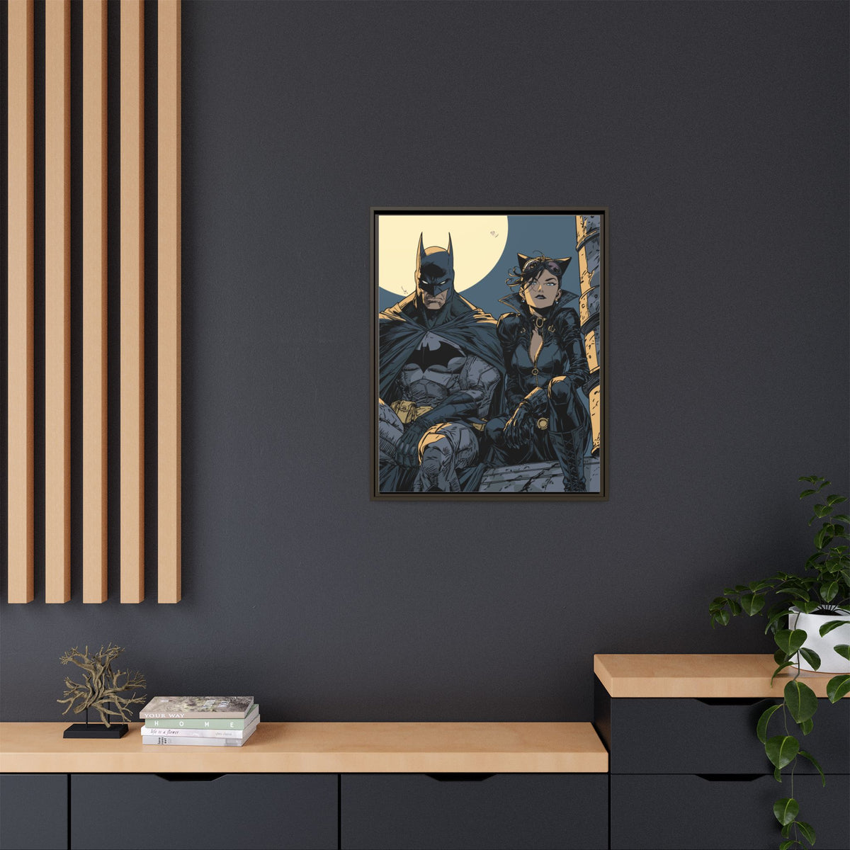 Framed Matte Canvas Print — Gotham Night Batman & Catwoman Illustration