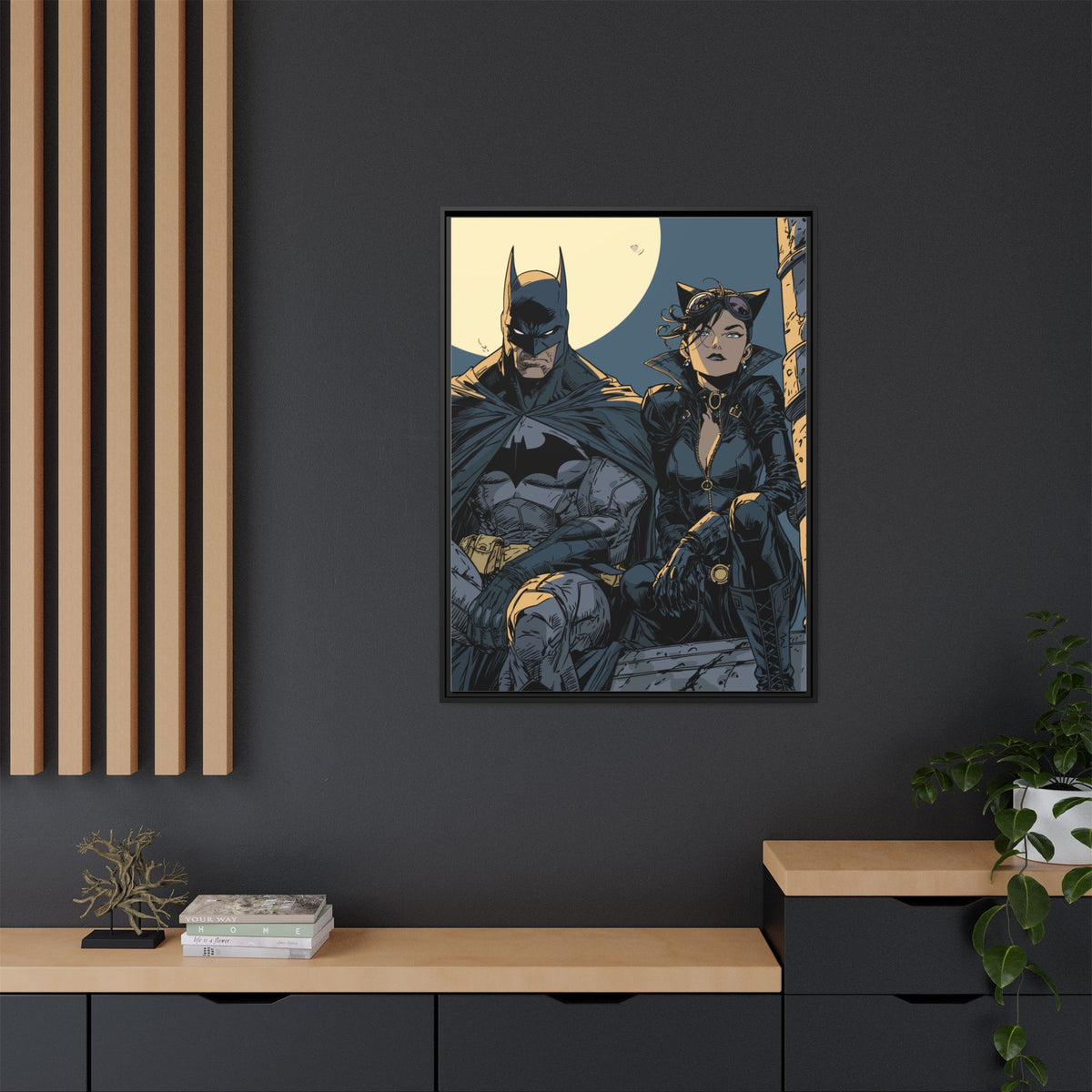 Framed Matte Canvas Print — Gotham Night Batman & Catwoman Illustration