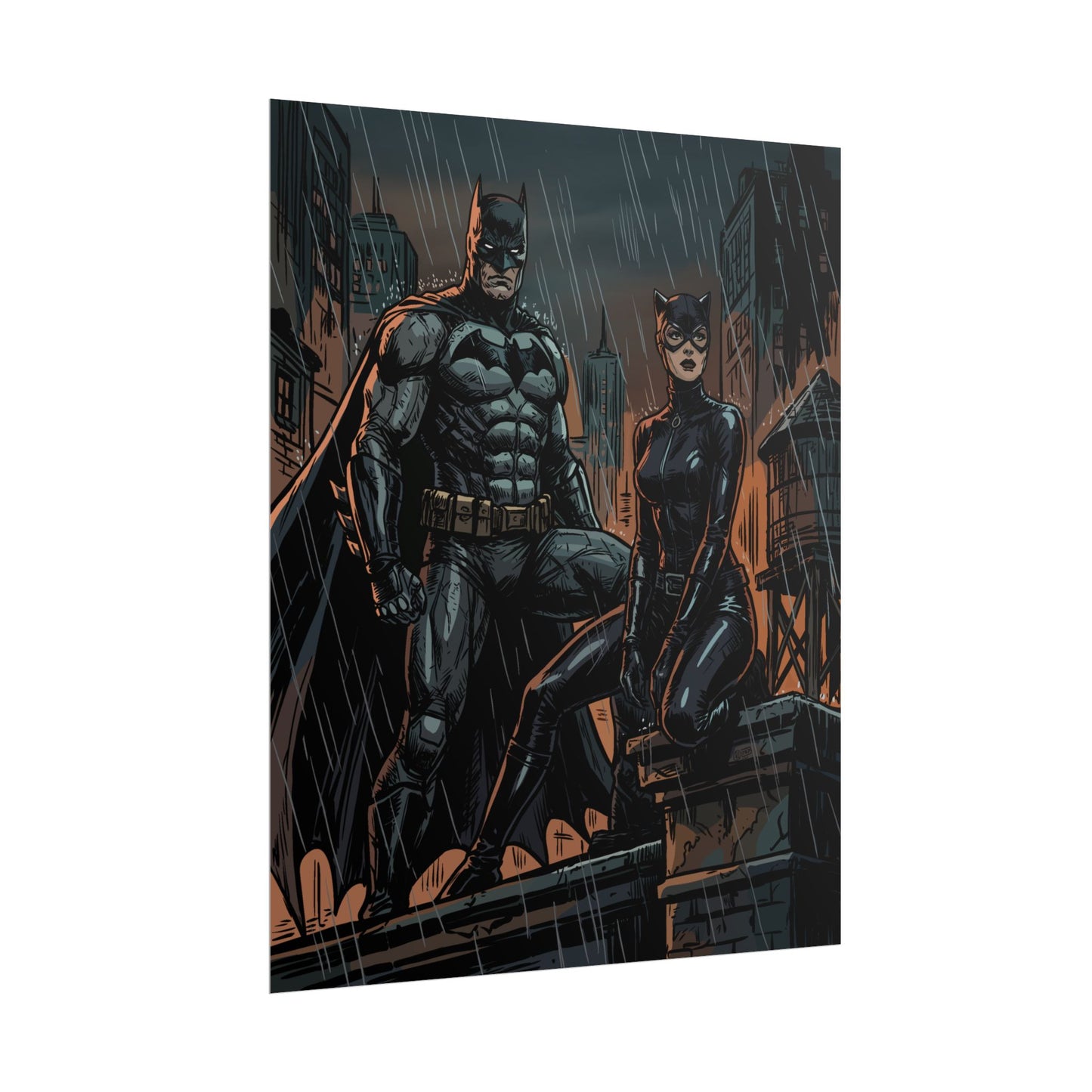 Batman & Catwoman Rainy Rooftop Rolled Poster