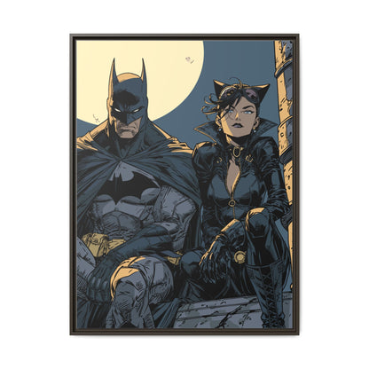 Framed Matte Canvas Print — Gotham Night Batman & Catwoman Illustration