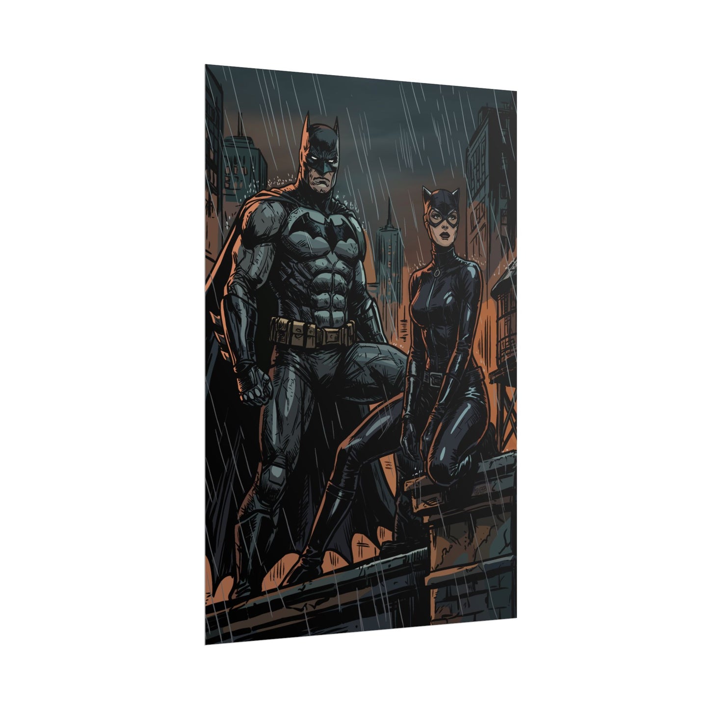 Batman & Catwoman Rainy Rooftop Rolled Poster
