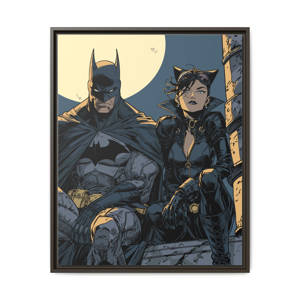 Framed Matte Canvas Print — Gotham Night Batman & Catwoman Illustration