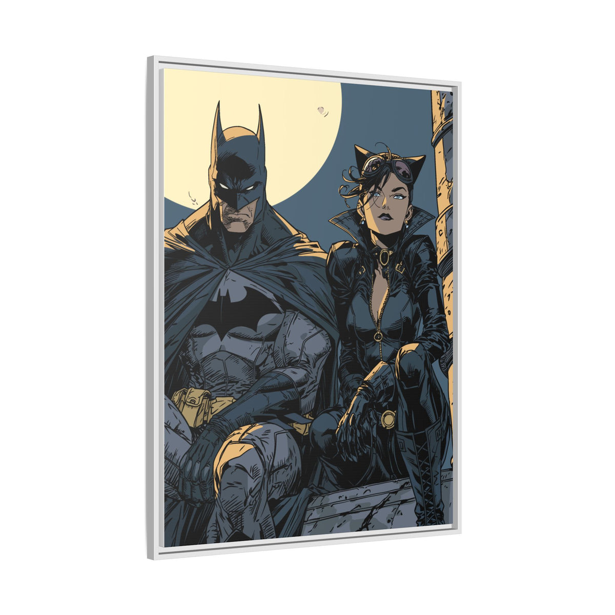 Framed Matte Canvas Print — Gotham Night Batman & Catwoman Illustration