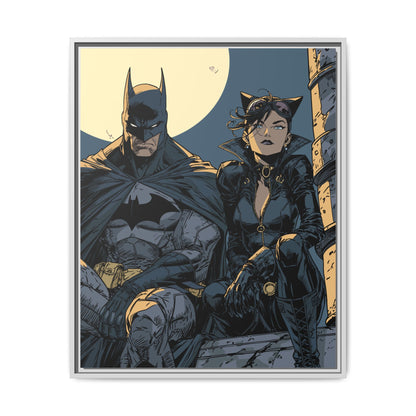 Framed Matte Canvas Print — Gotham Night Batman & Catwoman Illustration
