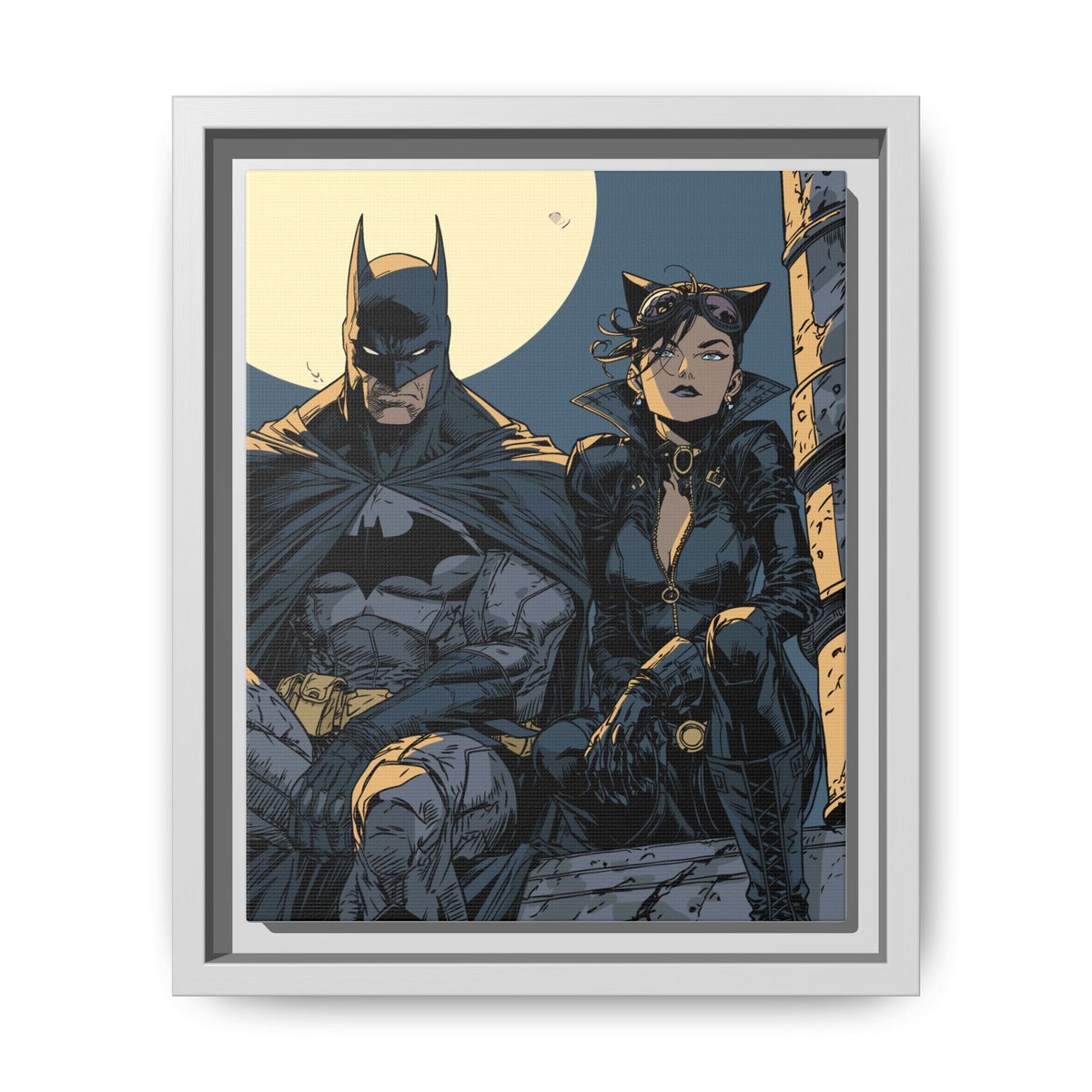 Framed Matte Canvas Print — Gotham Night Batman & Catwoman Illustration