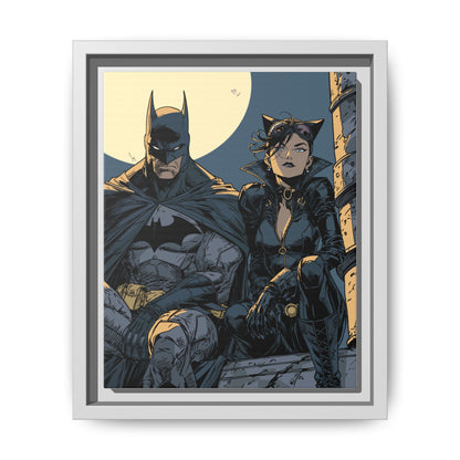 Framed Matte Canvas Print — Gotham Night Batman & Catwoman Illustration