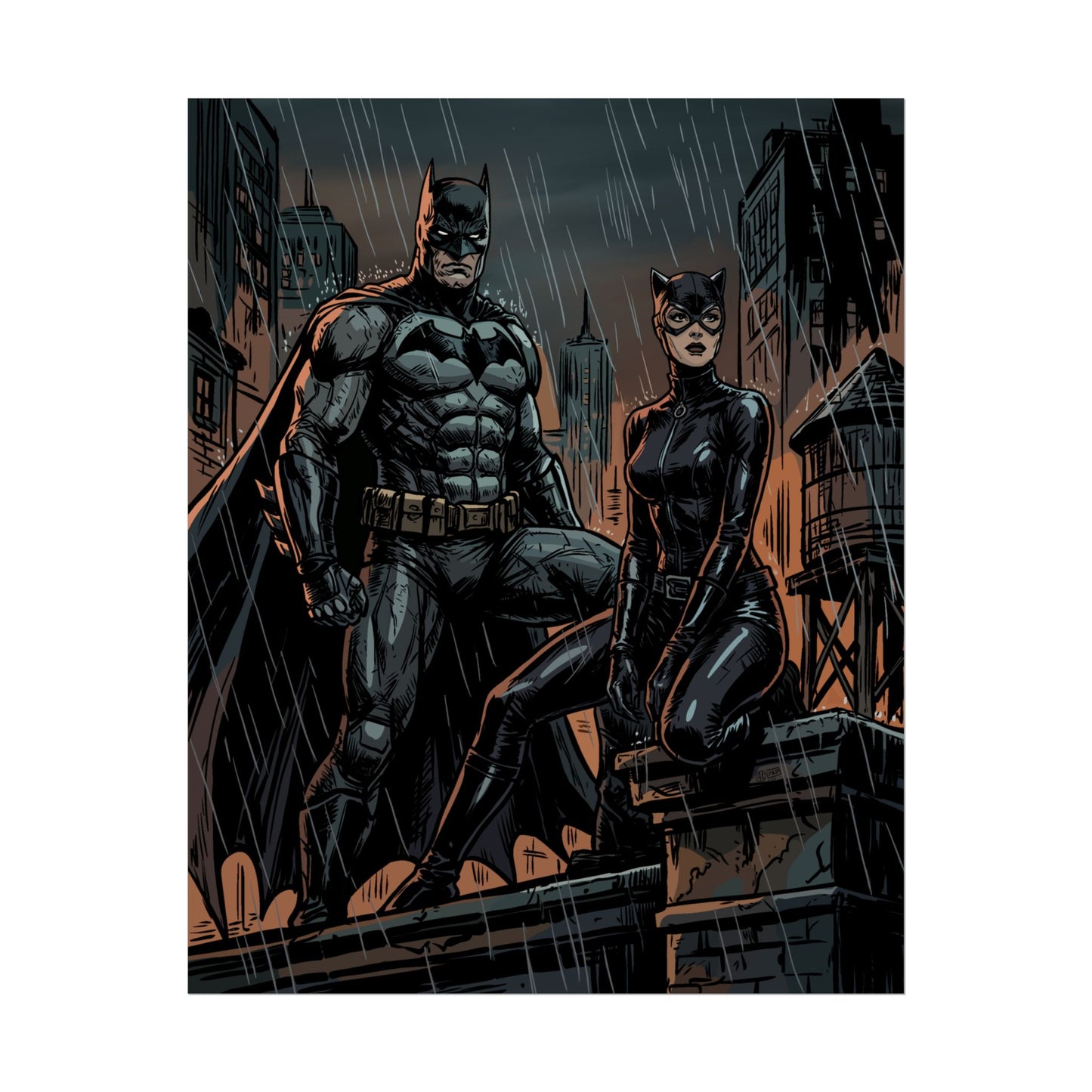 Batman & Catwoman Rainy Rooftop Rolled Poster