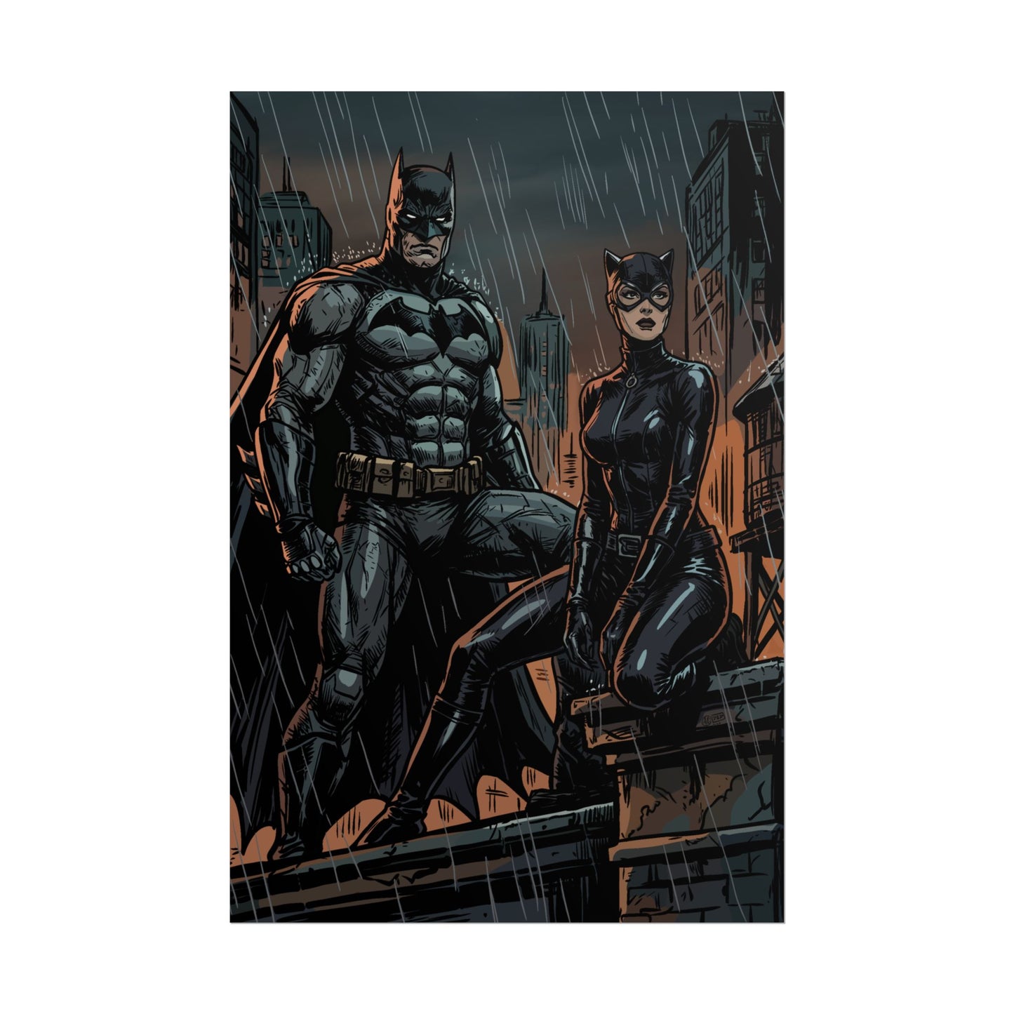 Batman & Catwoman Rainy Rooftop Rolled Poster