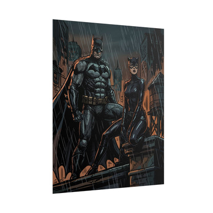 Batman & Catwoman Rainy Rooftop Rolled Poster