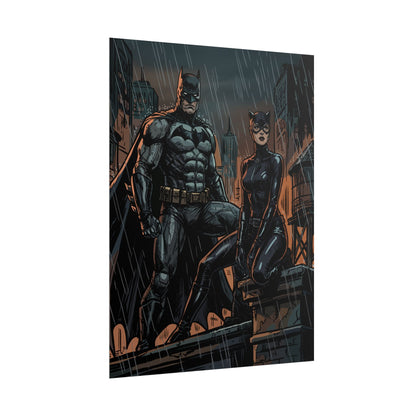Batman & Catwoman Rainy Rooftop Rolled Poster